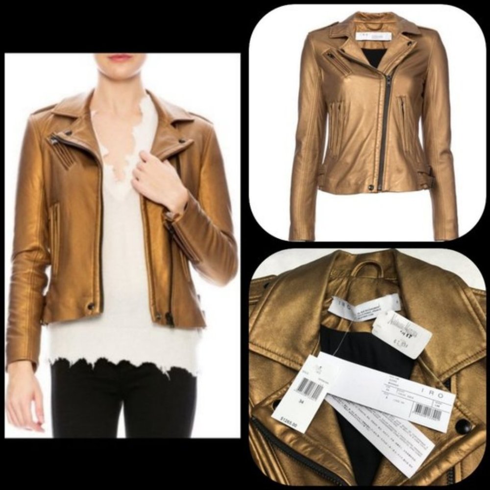 NWT IRO Lambskin metallic gold Leather Moto Jacket FR 34